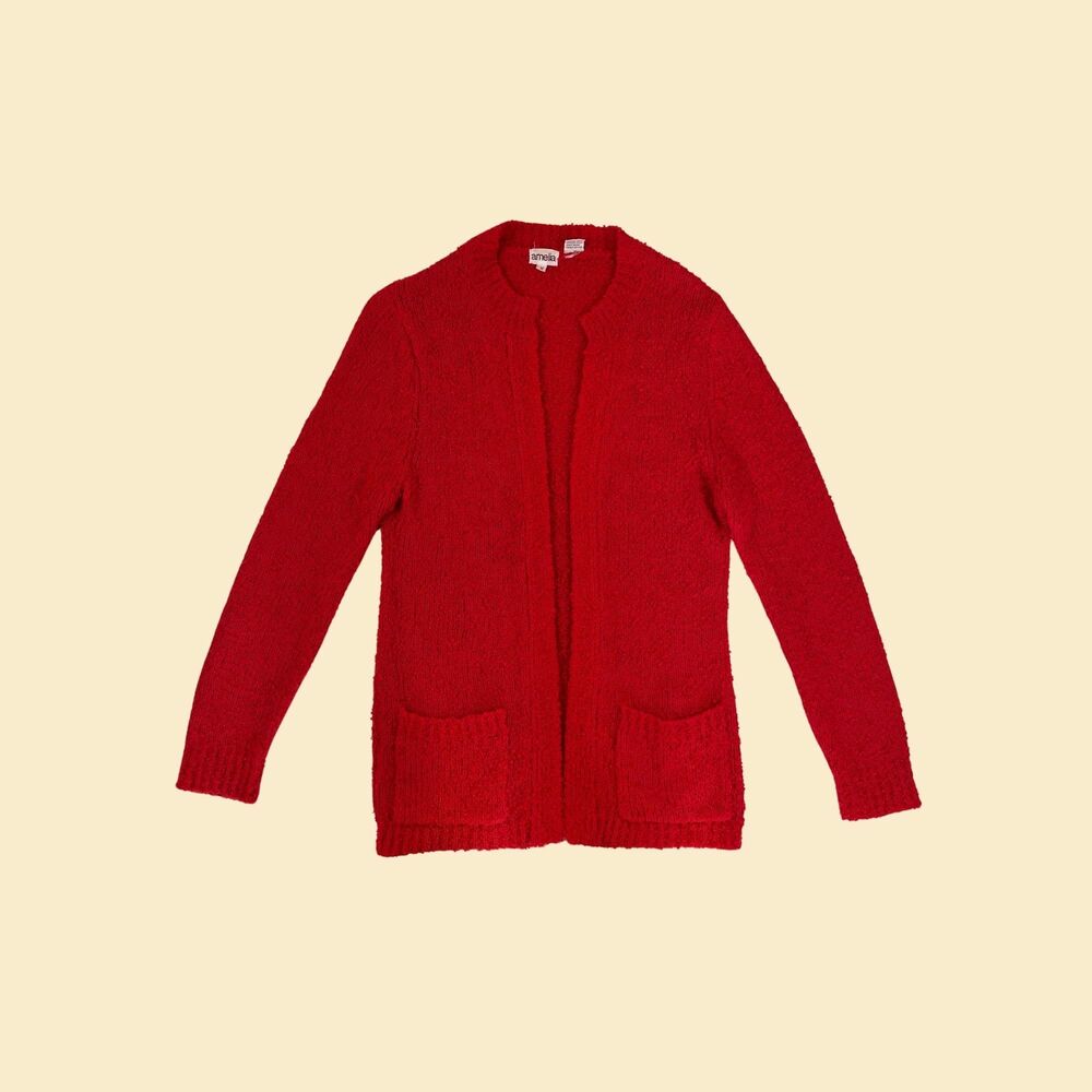 70s/80s red knit cardigan sweater by Amelia, size M vintage 1980s long sweater